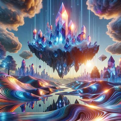 The primary subject of the image is a large, colorful, and intricate crystal palace floating in the sky. The palace is surrounded by a vibrant and lively landscape, featuring a body of water and a variety of trees. The setting appears to be a digital art or illustration, with a visually stunning and imaginative visual style. The colors and mood of the image are predominantly bright and cheerful, creating a sense of wonder and fantasy.